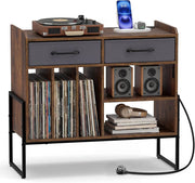 Supporto per Giradischi in Vinile, Mobile per Giradischi con Stazione di Ricarica, 2 Cassetti Rimovibili in Tessuto e Ripiano Regolabile, Supporto Porta Dischi Vinile per Soggiorno, Studio