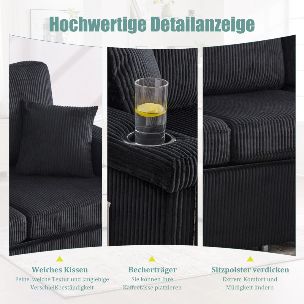 DIVANO Modulare 194x73x81 cm Nero in tessuto con LED e USB