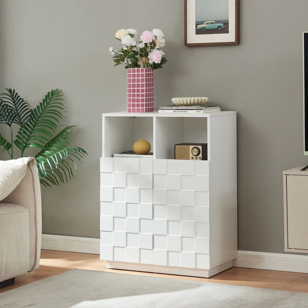 Armadio Comò Alto Bopibobro a 2 Ante Credenza con 2 Ripiani Aperti e 4 Vani Chiusi 86 x 64 x 36 cm - Bianco [en.casa]