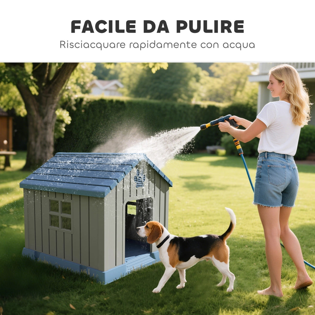Casetta per Cani Taglia Media da Esterno Impermeabile con Base Rialzata e Finestre. 85x79x82 cm. Grigio