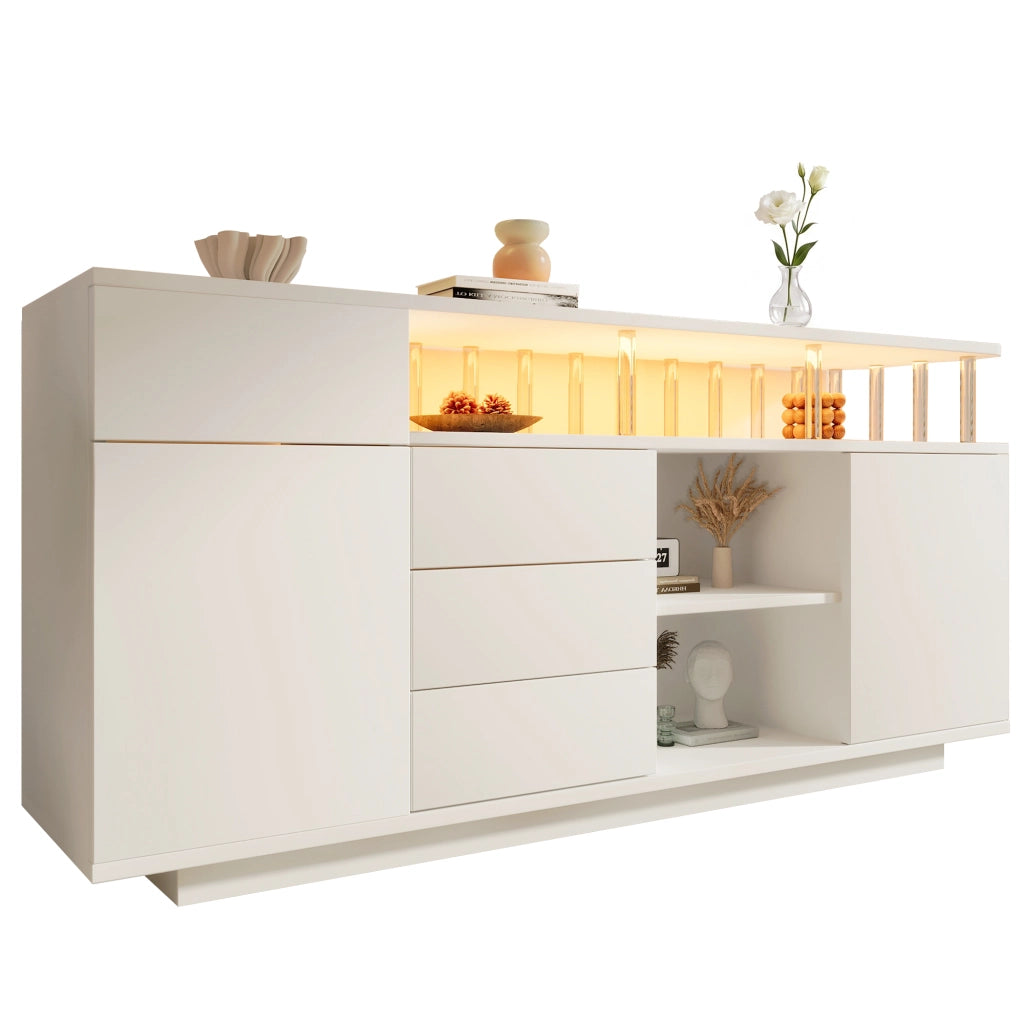 Credenza bianca 160x40x75 cm con LED, 4 cassetti, 2 ante e ripiani regolabili