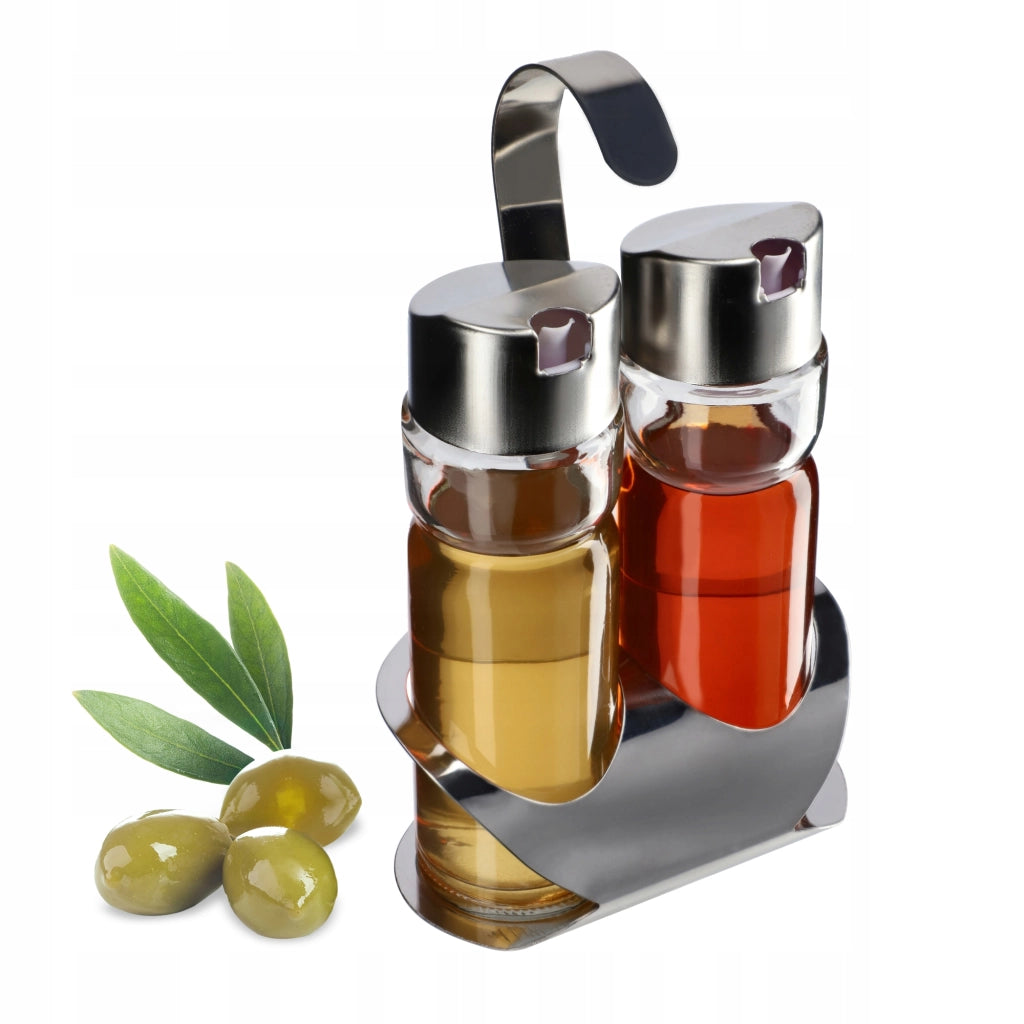 Set di 2 bottiglie in vetro KADAX da 0,1 l per olio d'oliva e aceto, con supporto.
