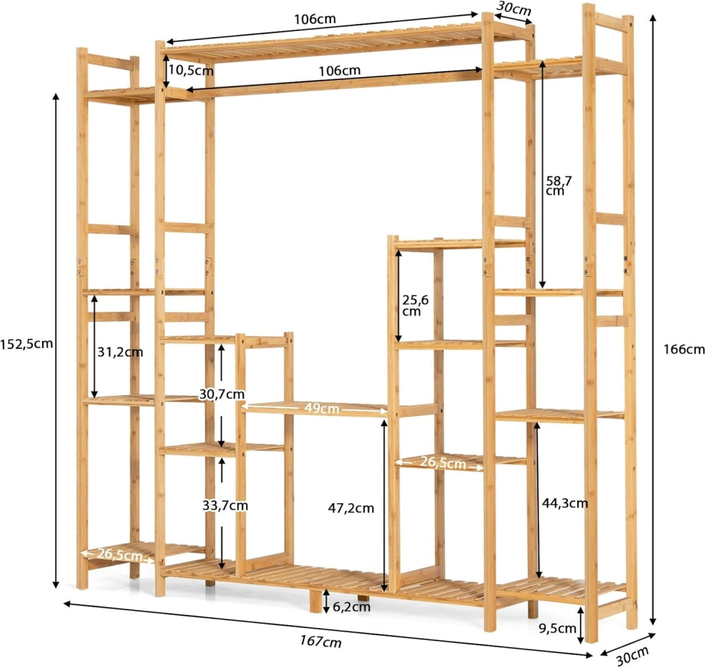 Scaffale per Piante in Bambù a 9 Livelli, Porta Fiori da Interno, Porta Vasi 2 in 1 con Barra e Dispositivo Antiribaltamento, 167 x 30 x 166 cm