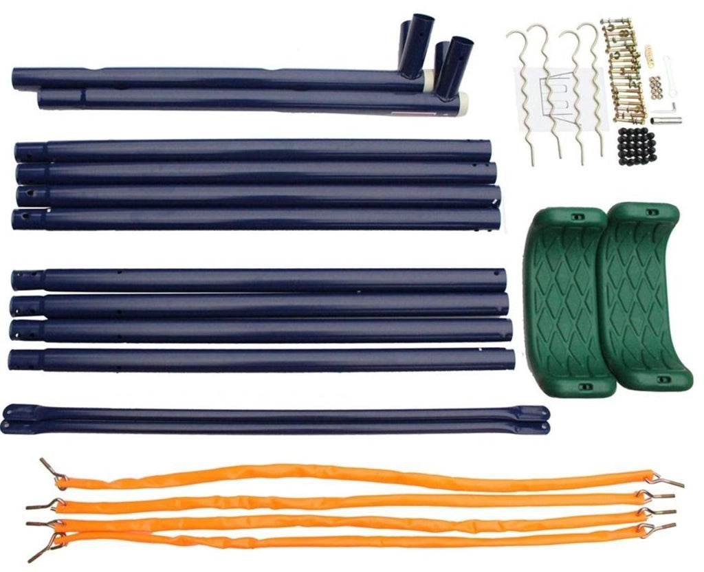 Altalena doppia per bambini in acciaio blu e verde con sedute antiscivolo per gioco sicuro