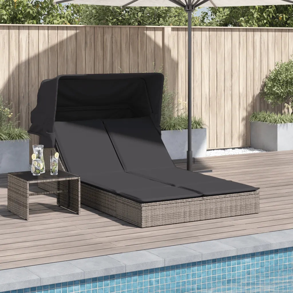 Sdraio da giardino | Lettino Doppio con Baldacchino e Cuscini Grigio in Polyrattan