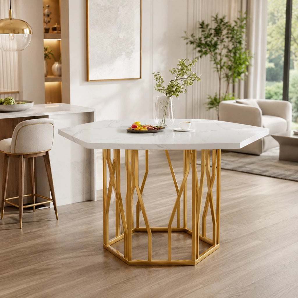 Tavolo 115.5x100x75 cm design esagonale con piano effetto marmo in MDF e acciaio oro bianco