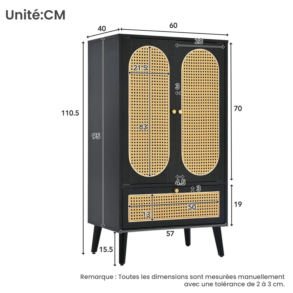 Credenza Alta con 2 Ante e 1 Cassetto; Frontali Effetto Rattan; Stile Moderno; in Pannelli di Particelle; Nero; 60¡Á40¡Á110;5 cm