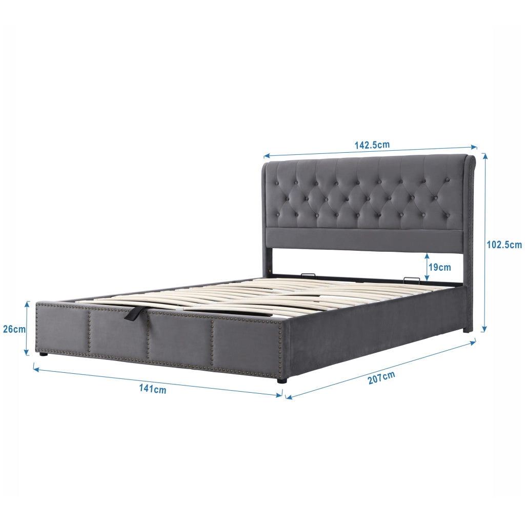 OKWISH Letto Contenitore 140×200 cm, Letto Matrimoniale con Contenitore, Testiera Imbottita e Borchie Decorative, senza Materasso, Velluto, Grigio