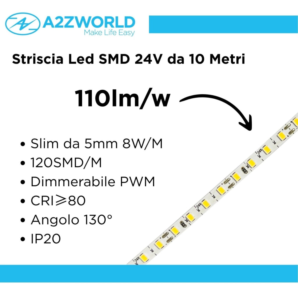 24V Striscia Led SMD Da 10 Metri, Slim da 5mm 8W/M, 110lm/W 120SMD/M, Bianco Caldo 3000K, Tagliabile Ogni Singolo Led da 8mm, Dimmerabile PWM, IP20, CRI>80
