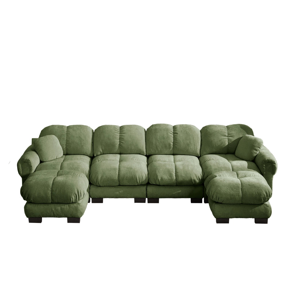 Divano modulare in ciniglia con pouf mobili 330×149×90 cm verde