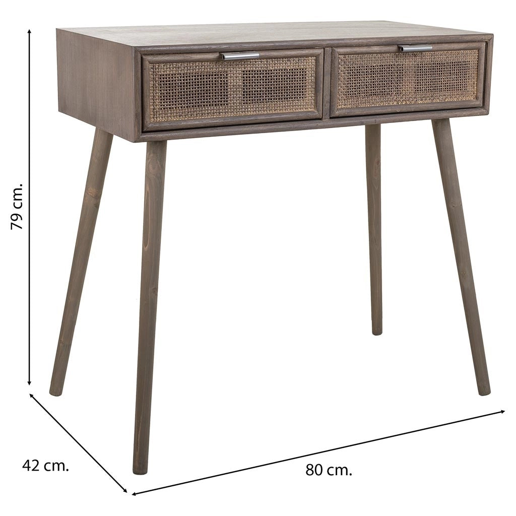Mobile da ingresso in legno e griglia in bambù con 2 cassetti grigi 80x42x79h