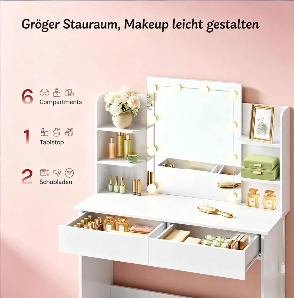 Tavolo da trucco con specchio LED e ampio spazio contenitivo