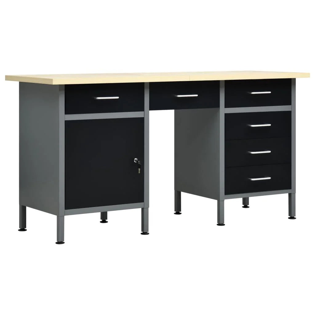 Banco da lavoro nero 160 cm con cassetti tavolo da lavoro in acciaio utensili fai da te grigio/nero 02_0003679