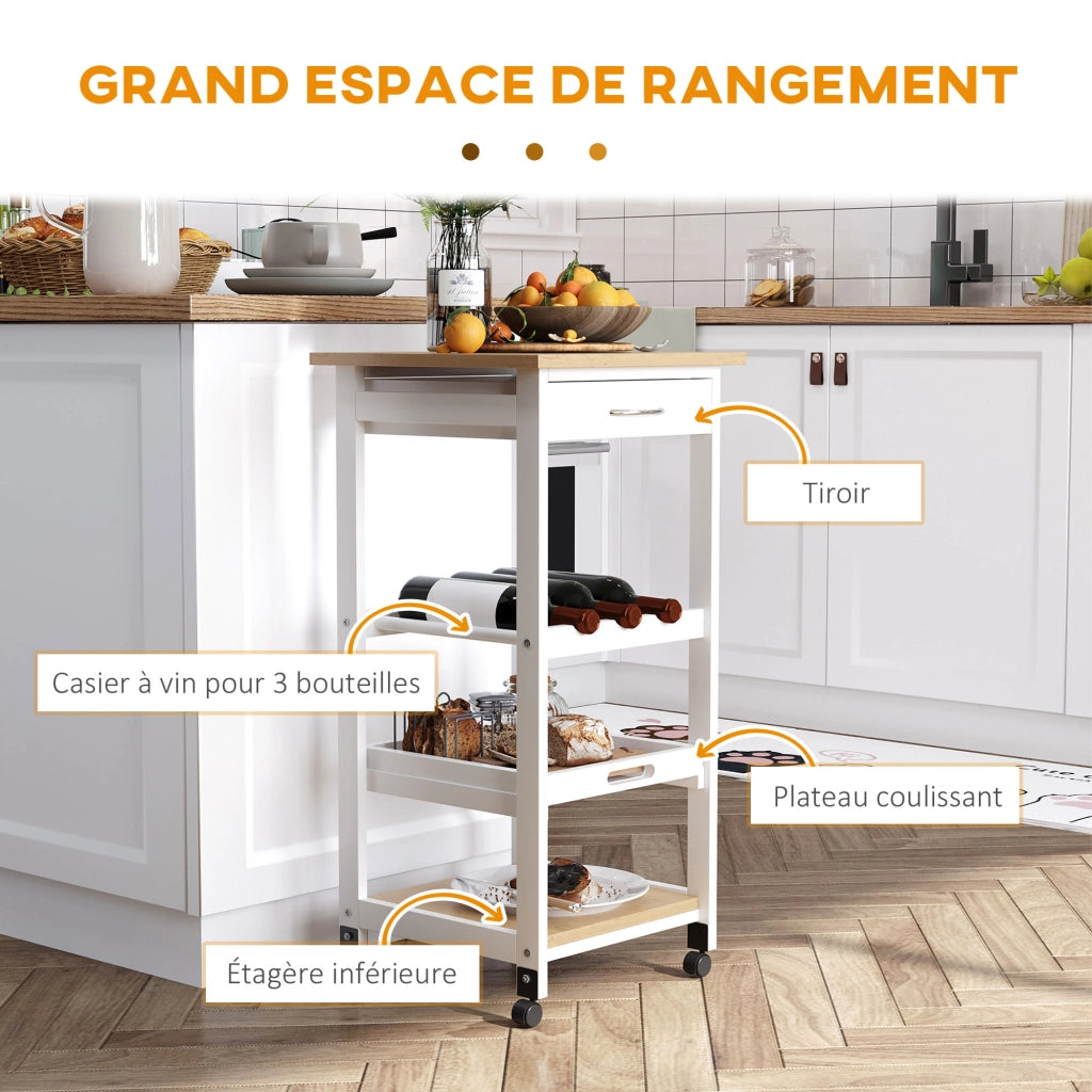 Carrello da cucina con ruote ¨C Xylo ¨C 2 ripiani + vassoio rimovibile + cassetto legno pino bianco rovere