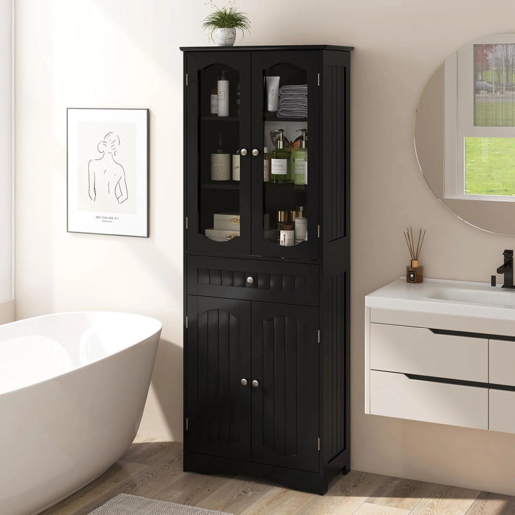 Mobile da Bagno a Terra, Armadietto da Bagno Alto, Mobiletto da Bagno Moderno, con 4 Ante in Vetro e 1 Cassetto, Ripiani Regolabili in Altezza, Ampio Spazio di Stoccaggio per Casa (Nero)