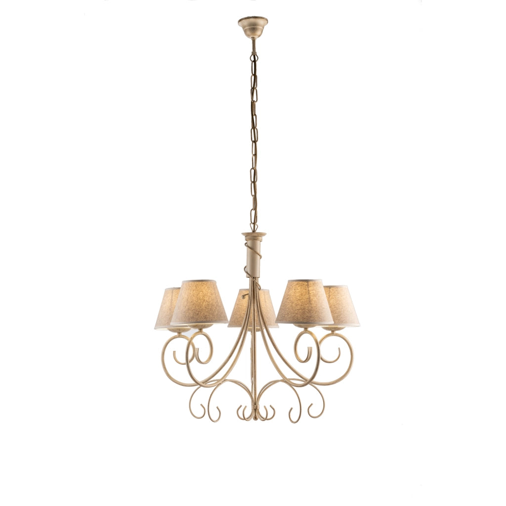 Lampadario 5 Luci Vienna Ferro Avorio E Oro Con Paralumi In Pvc