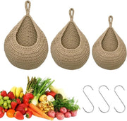 Tre pezzi di cesti a mano con 3 ganci - tessuto di cotone cesto per frutta per cucina soggiorno camera da letto (piccolo medio grande chiaro colore lino)