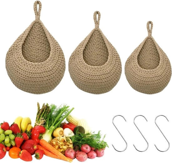 Tre pezzi di cesti a mano con 3 ganci - tessuto di cotone cesto per frutta per cucina soggiorno camera da letto (piccolo medio grande chiaro colore lino)