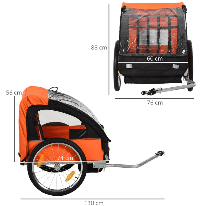 Easycomfort Rimorchio Bici Bambini con 2 Posti, 2 Cinture di Sicurezza, Telaio in Acciaio e Copertura in Tessuto Oxford Arancione