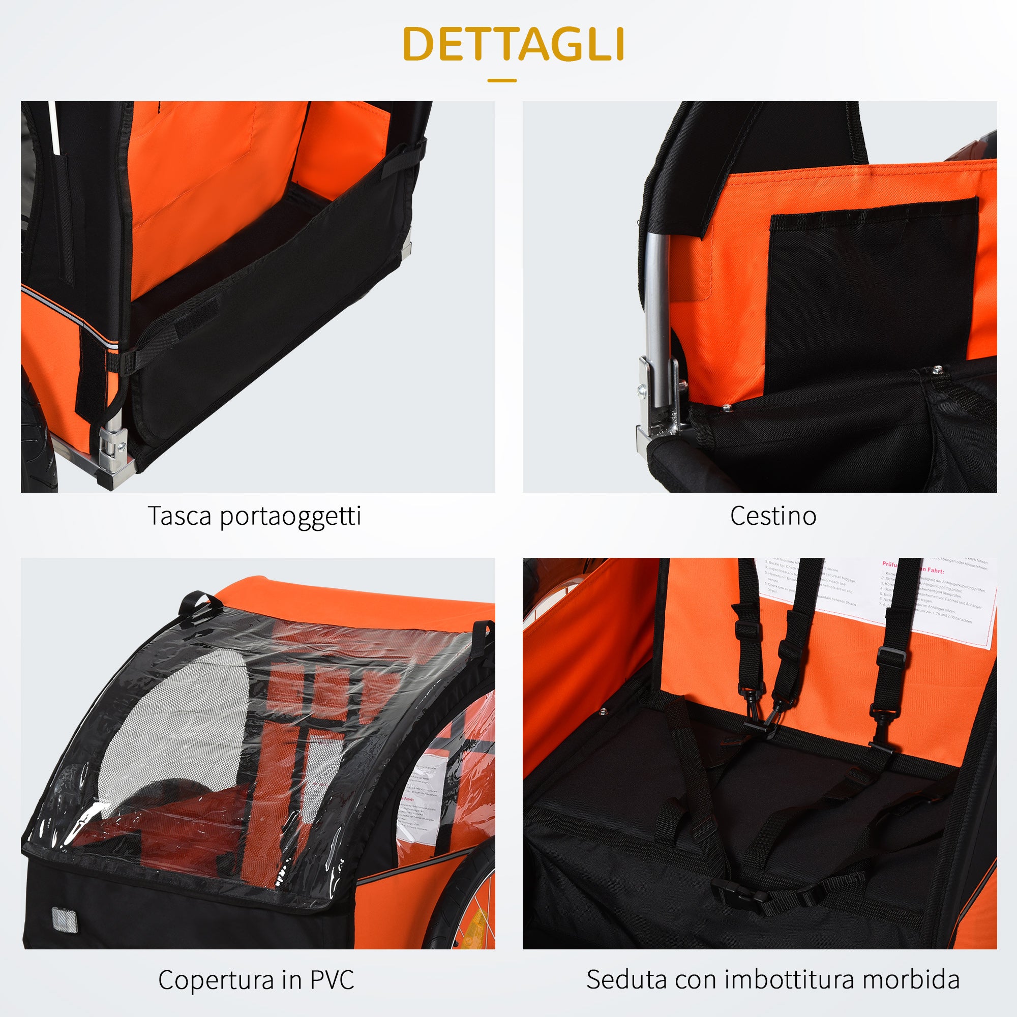 Easycomfort Rimorchio Bici Bambini con 2 Posti, 2 Cinture di Sicurezza, Telaio in Acciaio e Copertura in Tessuto Oxford Arancione
