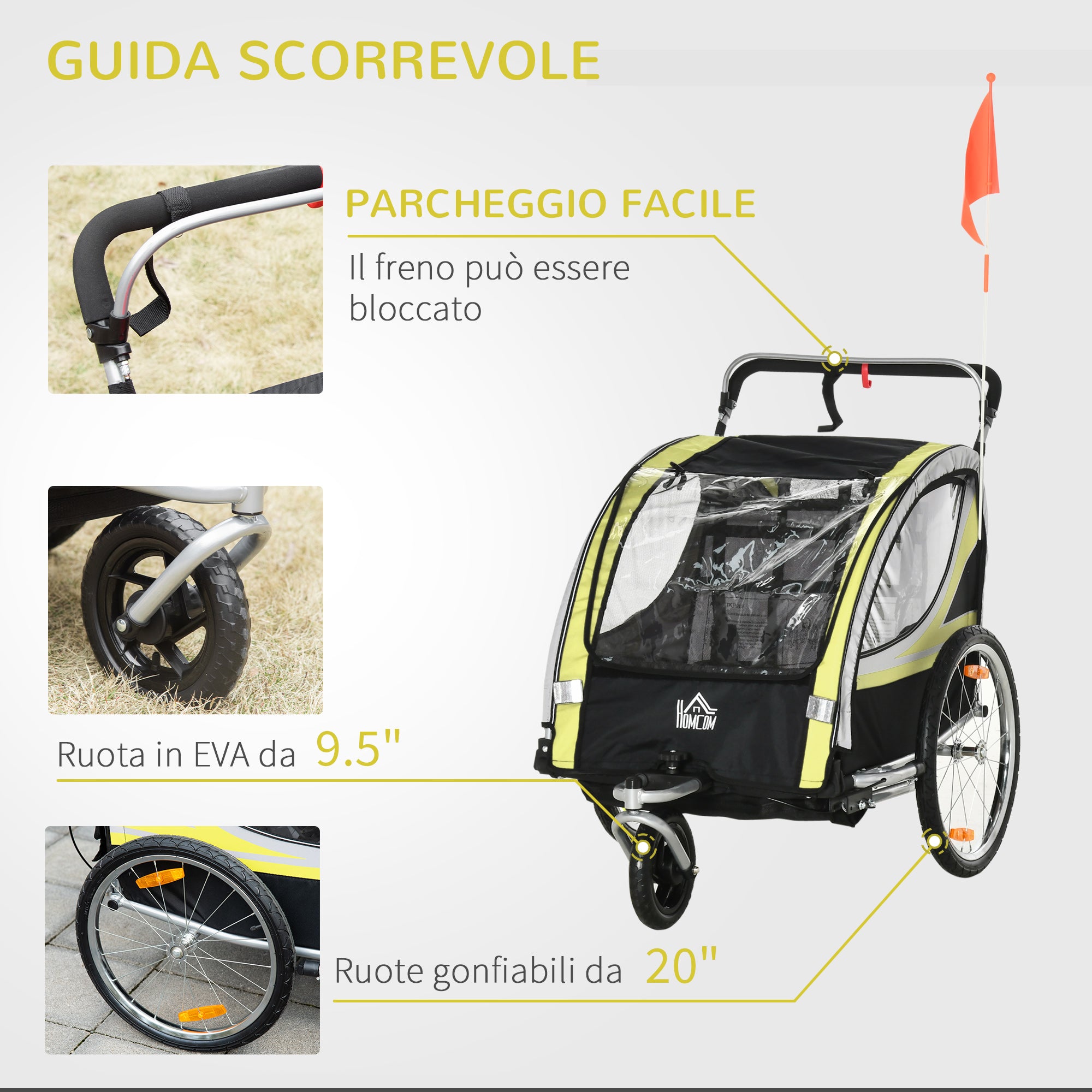 Easycomfort Rimorchio Bici per Bambini Passeggino, Design 2 in 1 con Freno, Cintura a 5 Punti e Tasche Laterali, Riflettori, 116-142Lx75Px101Acm, Giallo