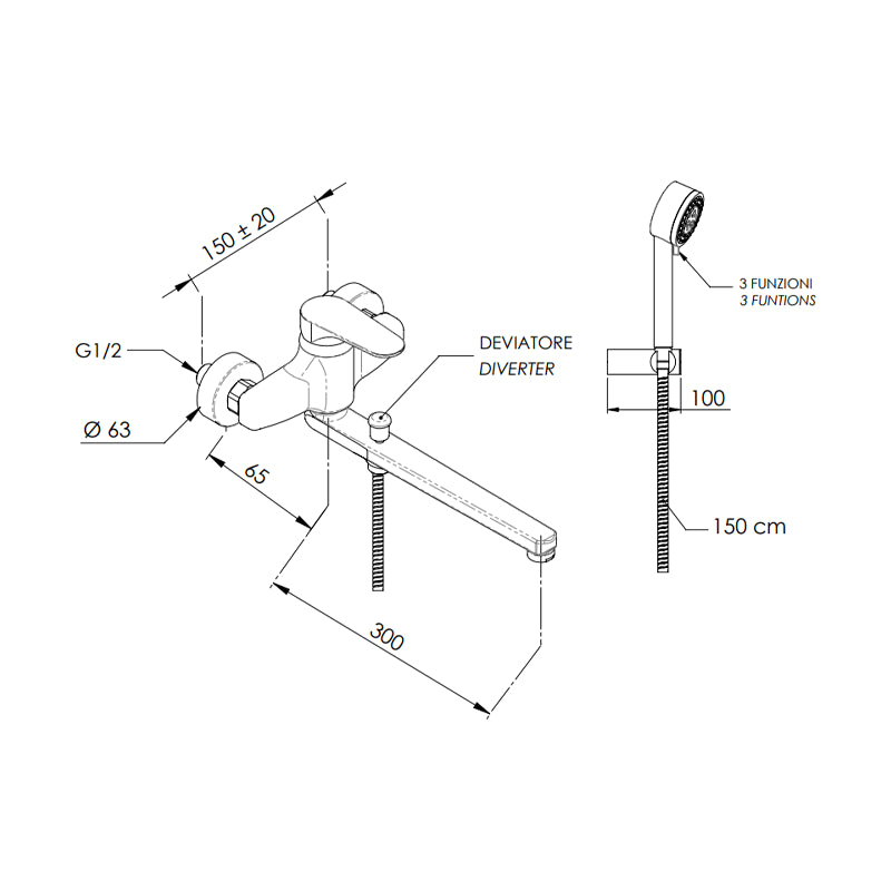 Rubinetto lavabo/vasca con canna fusa e deviatore, con kit doccia serie class line