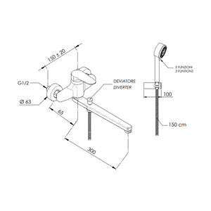 Rubinetto lavabo/vasca con canna fusa e deviatore, con kit doccia serie class line