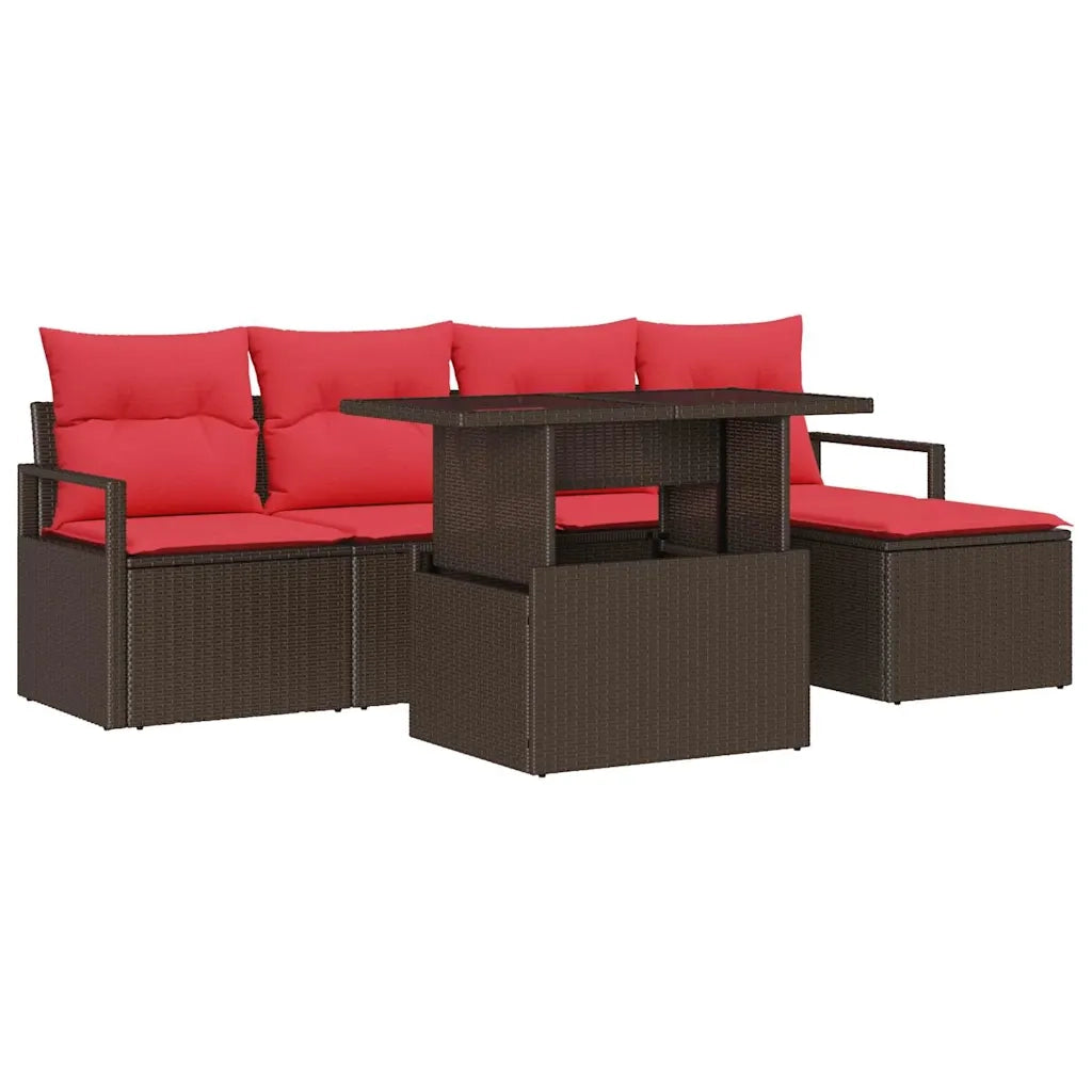 Set Divano da Giardino 6 pcs Marrone e Rosso polyrattan