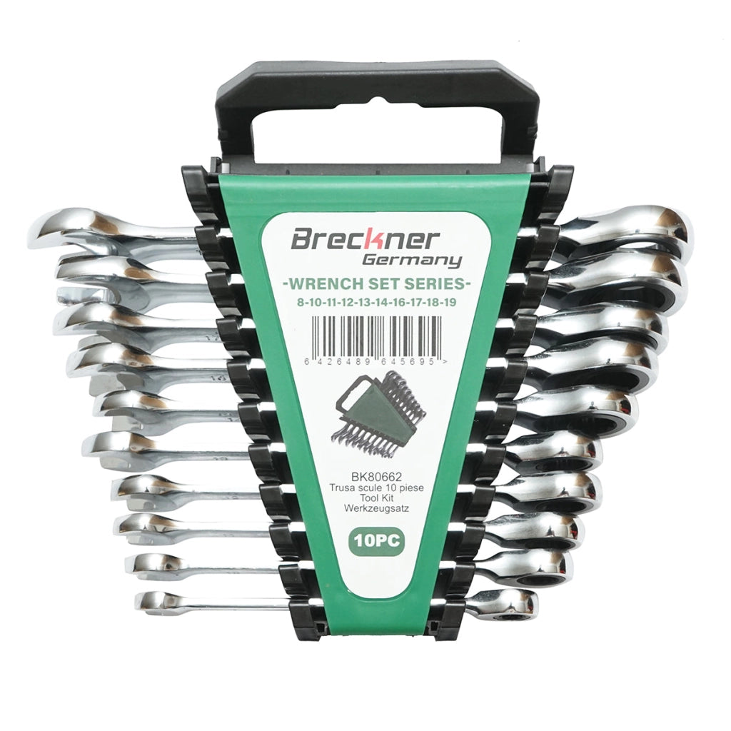 Set di chiavi combinate fisse e inelari con cricchetto 8-19mm, 10 pezzi, Breckner Germany