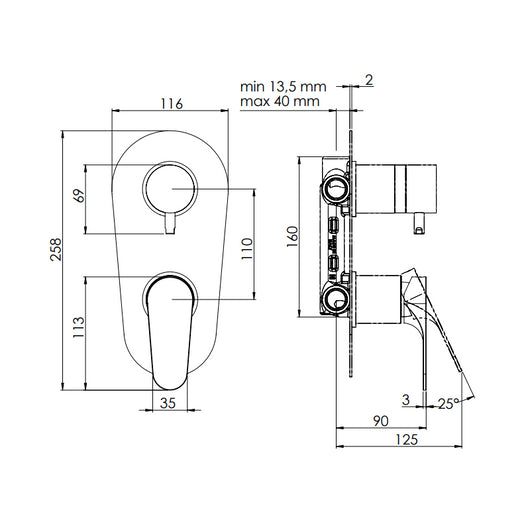 Rubinetto doccia con deviatore a tre vie su unica piastra - serie class line
