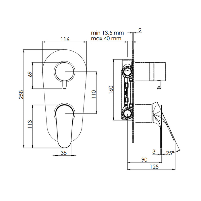 Rubinetto doccia con deviatore a tre vie su unica piastra - serie class line
