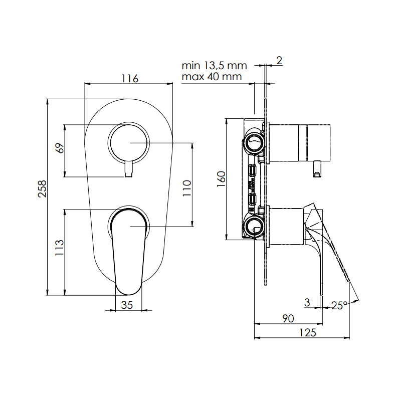Rubinetto doccia con deviatore a tre vie su unica piastra - serie class line