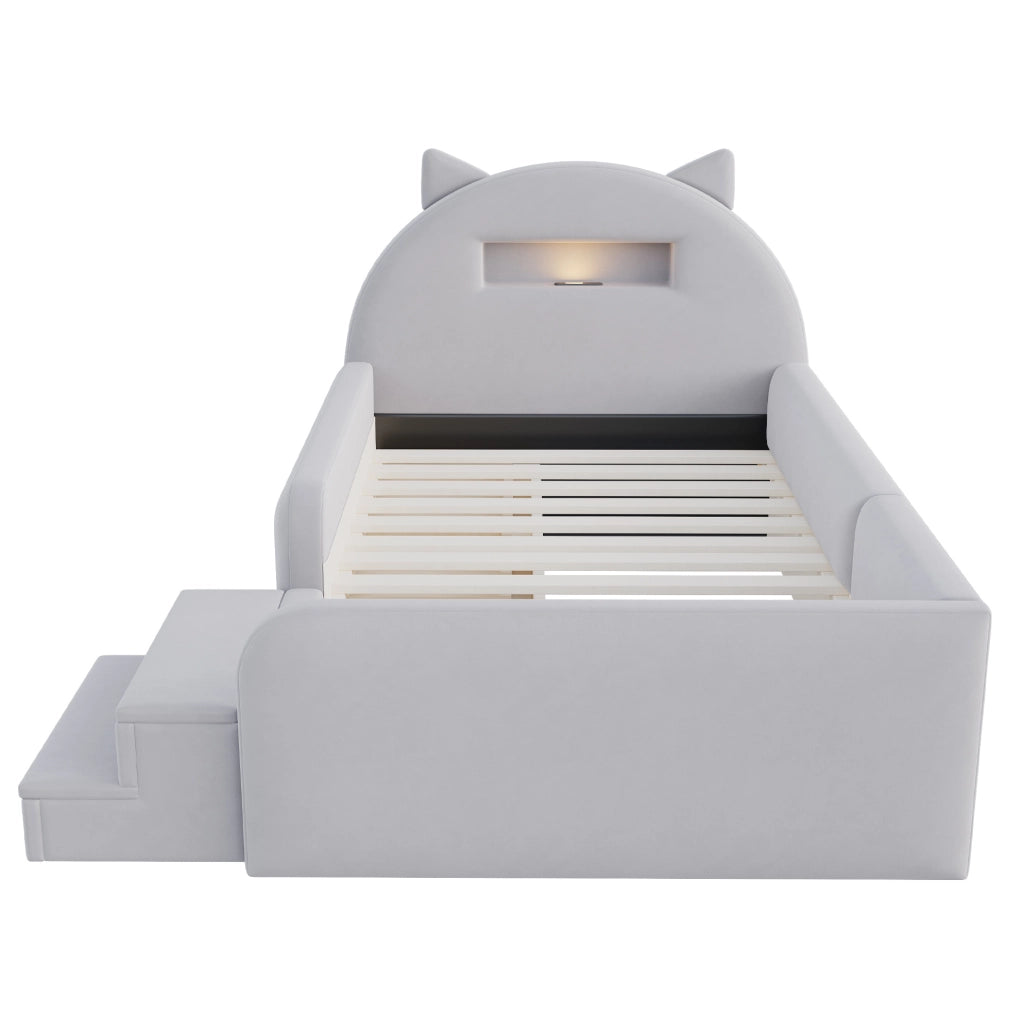 Letto per bambini 90x200 cm con testiera con contenitore; luce notturna e USB; rivestito grigio chiaro