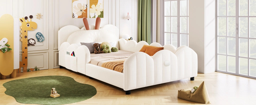 DESMIU Letto Bambini 1 Piazza con Sponde, Testiera Imbottita e Cuscino Coniglio 90 × 200 cm, Senza Materasso