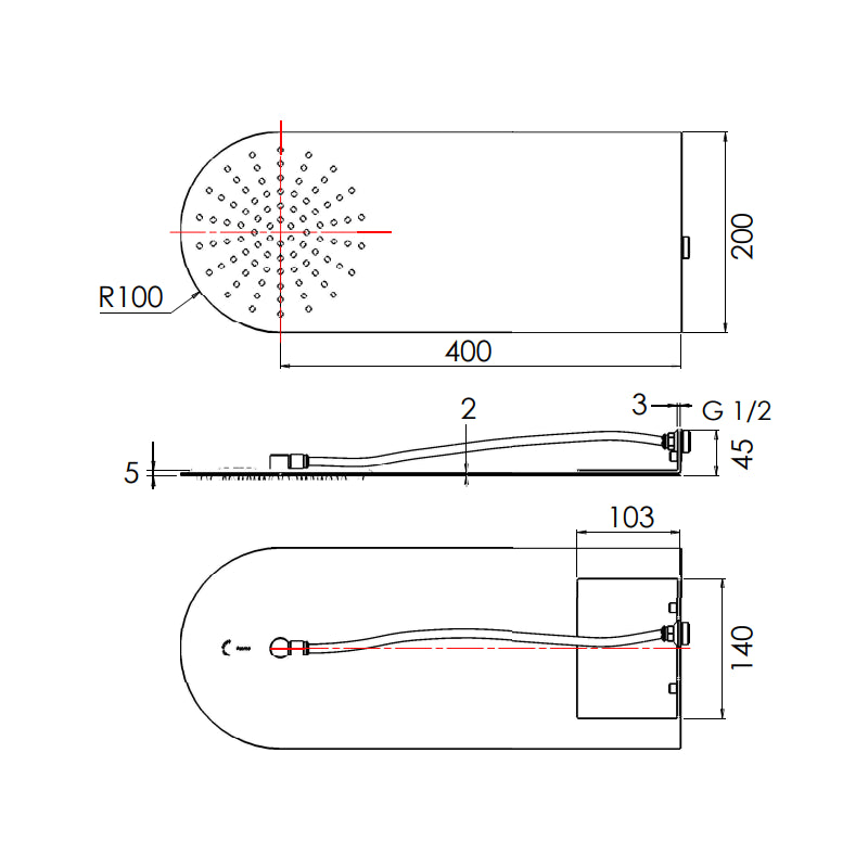 Soffione doccia ultrapiatto arrotondato a parete inox lucidato a specchio