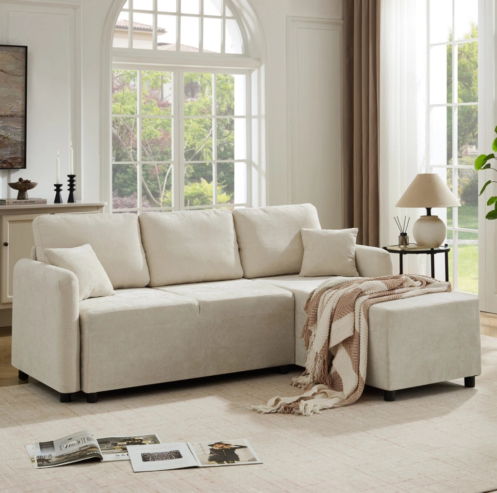 Divano angolare 187,5x144x85,5 cm in ciniglia beige chiaro con 2 cuscini -