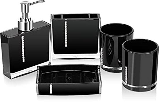 Set accessori per la camera da bagno 5 pezzi - flacone emulsivo, tazza per spazzola da denti, contenitore per sapone e tazza per doccia