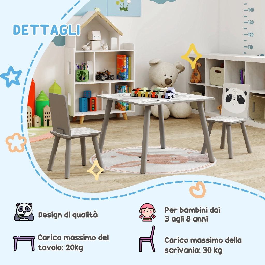 Set Tavolino e 2 Sedie per Bambini Panda in MDF e Legno di Pino Grigio