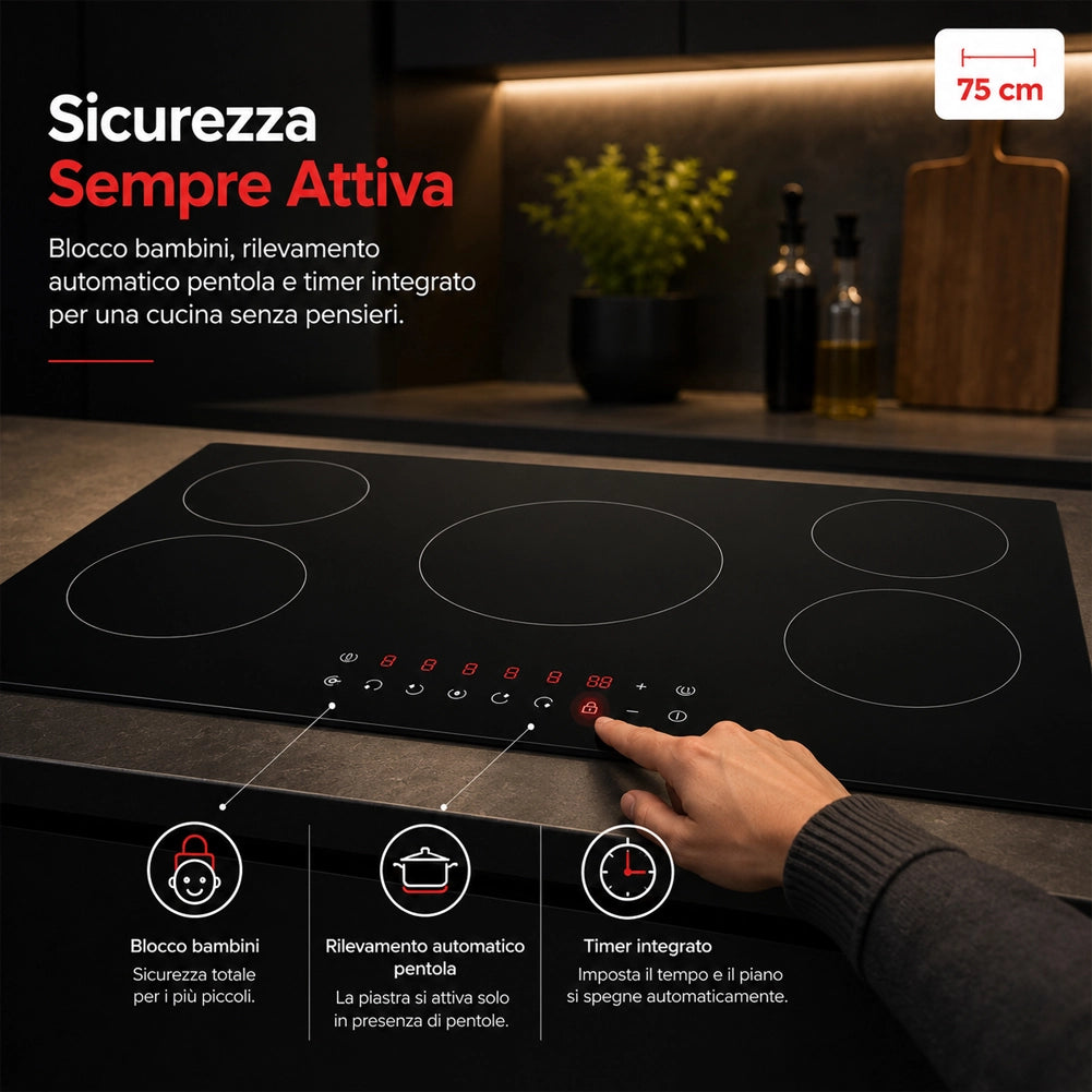 Piano Cottura a Induzione 75 cm in Vetroceramica Nero Controllo Touch 5 Fornelli
