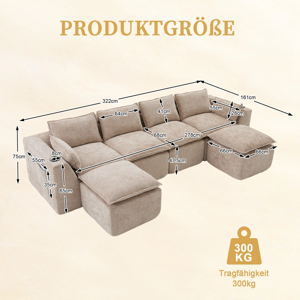 Divano modulare componibile in chenille color khaki con tasche laterali; 322 x 161 x 75 cm