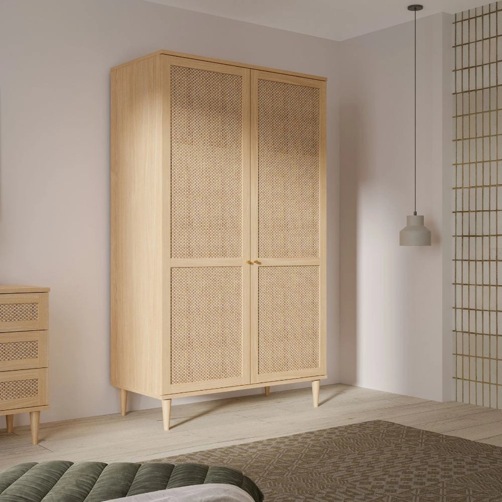 Armadio Livia 2 ante in rovere con dettaglio effetto rattan 110x52x208H