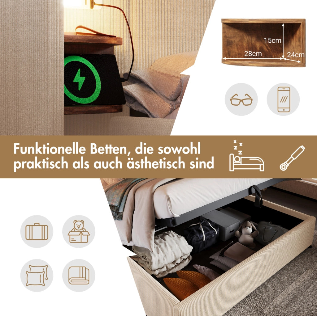 Letto matrimoniale 180x200 con contenitore, luce USB-C