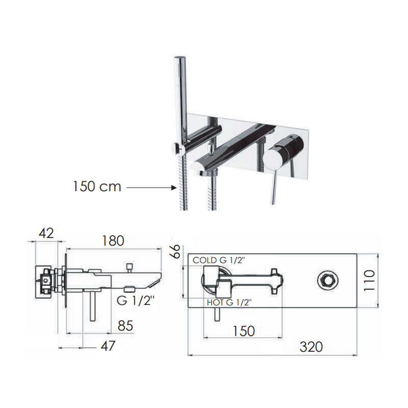 Rubinetto per vasca da incasso, deviatore e kit doccia integrato serie minimal
