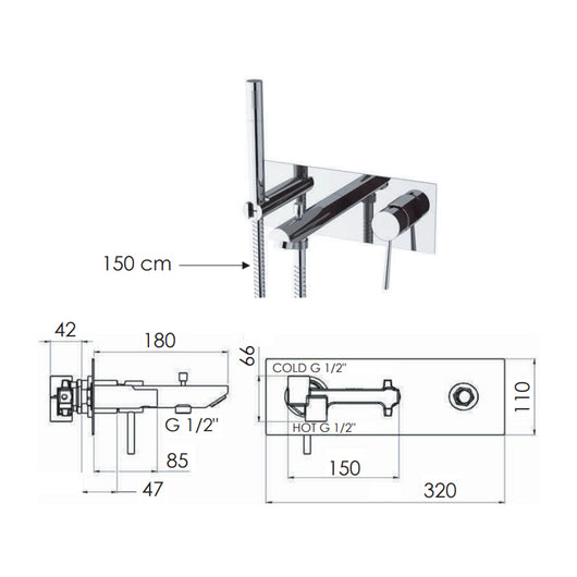 Rubinetto per vasca da incasso, deviatore e kit doccia integrato serie minimal
