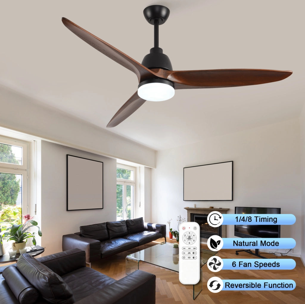 Ventilatore da soffitto 52 pollici con luce LED dimmerabile; 3 pale in legno; noce e nero