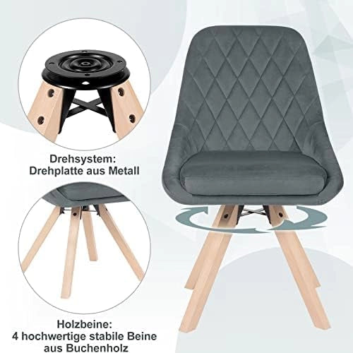 Set 8 Sedie per Sala da Pranzo Girevoli, Sedie da Cucina con Gambe in Faggio, Sedie in Velluto, Seduta Imbottita, per Camera da Letto, Soggiorno, Grigio Scuro, BH359dgr-8