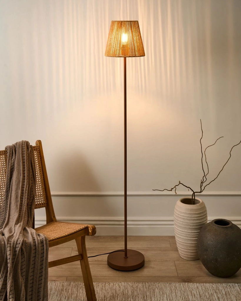 Lampada da terra in carta marrone paralume di corda metallo ferro finitura opaca base gabbia paralume luce camera da letto soggiorno stile Boho
