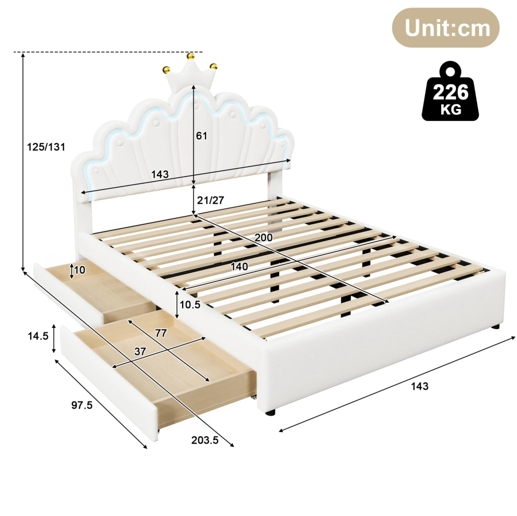 Letto per bambini 140x200 cm con LED; 2 cassetti e testiera regolabile; similpelle bianca e rosa