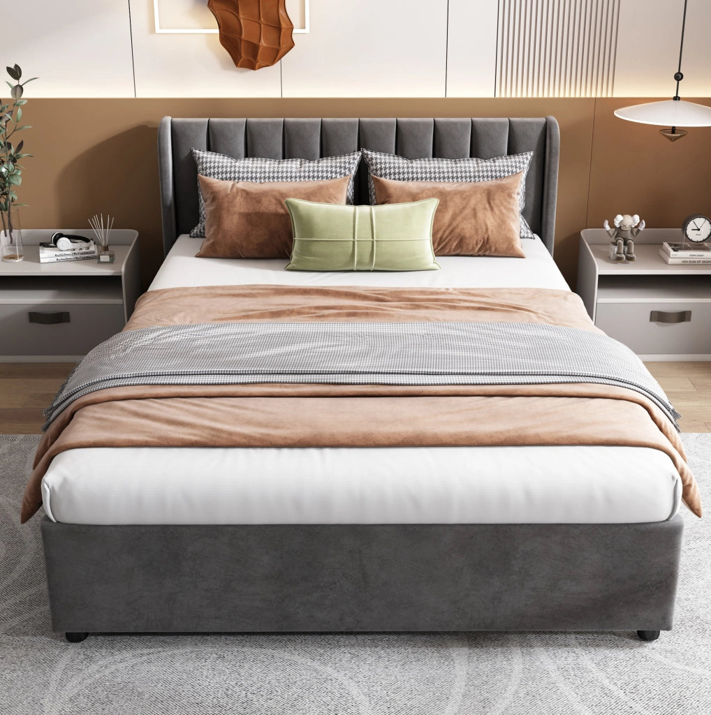 Letto imbottito in velluto 140 x 200 cm con rete a doghe e 2 cassetti