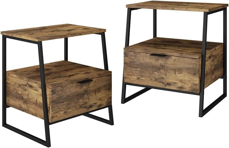 Comodino Lunor, Rovere rustico/nero, Set di 2